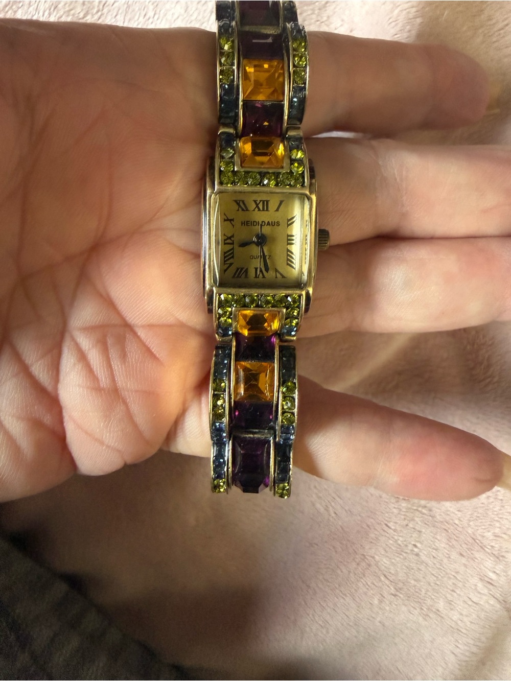 Heidi Daus Gold-Tone Bracelet Watch with Green, Purple & Amber Stones